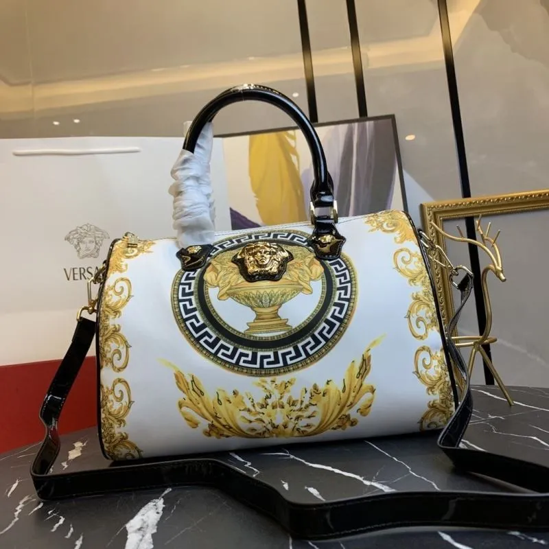 Versace White Gold Baroque Print Boston Handbag 171