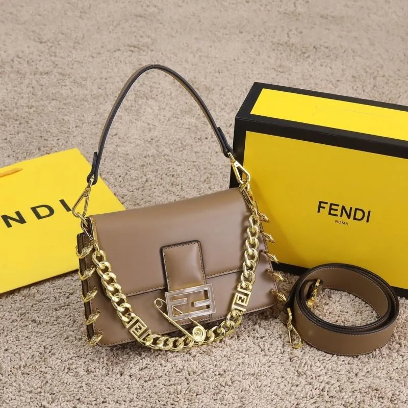 Fendi Brown Leather Chain Shoulder Handbag