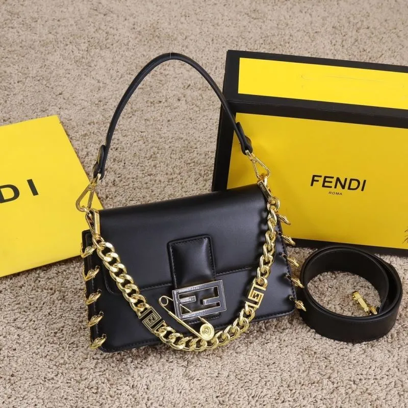 Fendi Black Leather Handbag Model 178 with Gold Chain