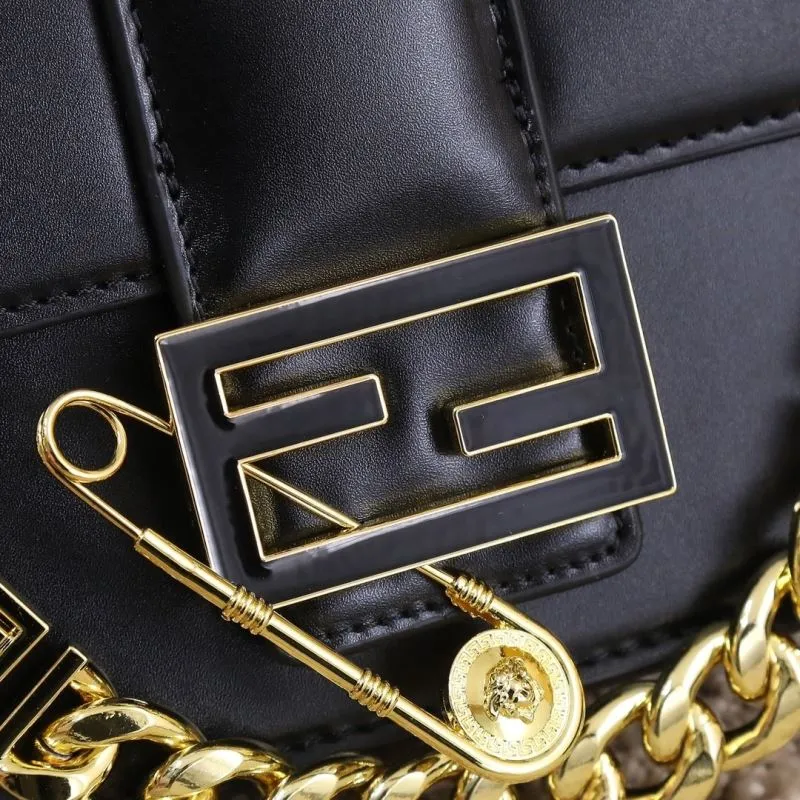 Fendi Black Leather Handbag Model 178 with Gold Chain - Image 3