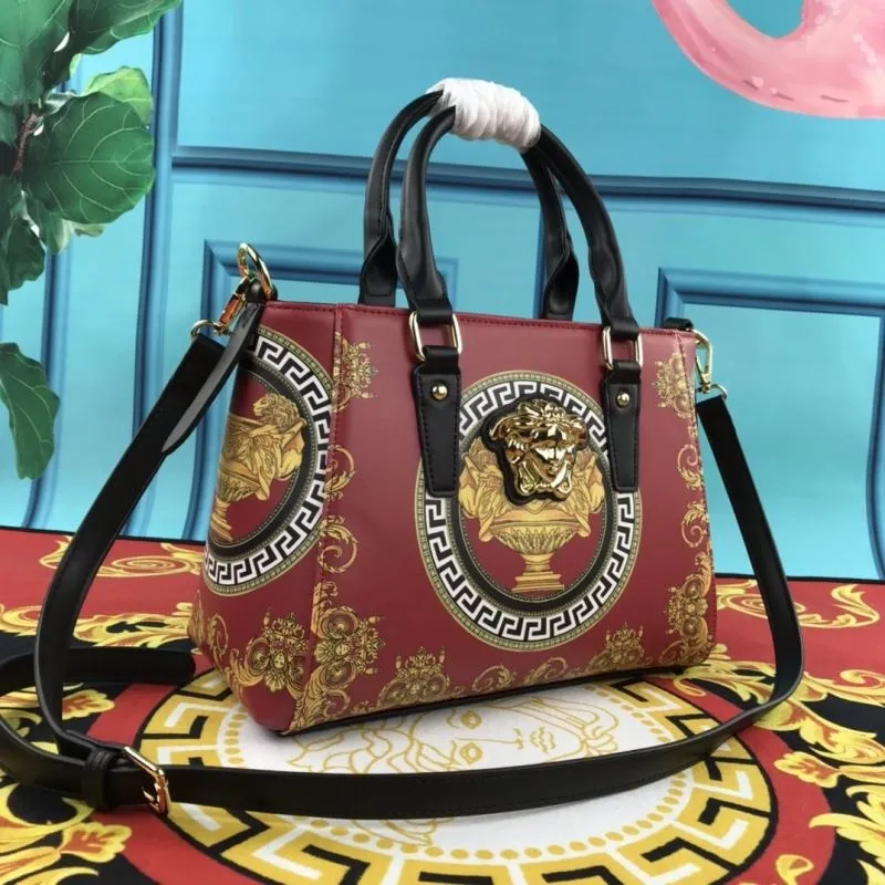 Versace Red Gold Pattern Handbag and Pouch Set - Image 3