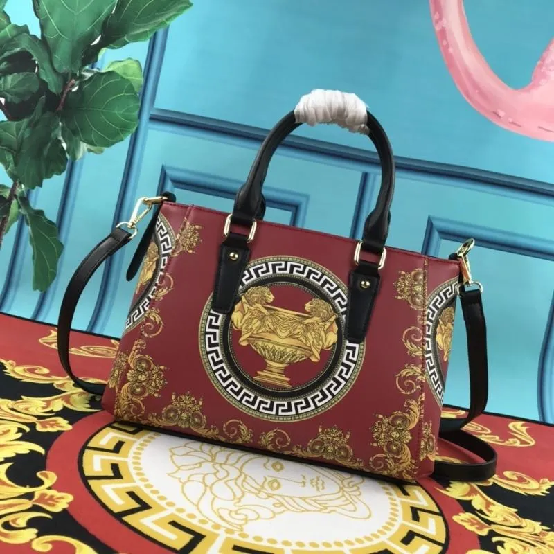 Versace Red Gold Pattern Handbag and Pouch Set - Image 4