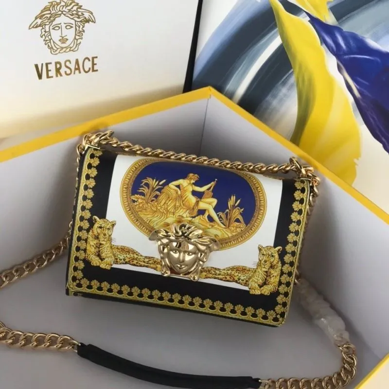 Versace Gold Leopard Print Chain Satchel Bag