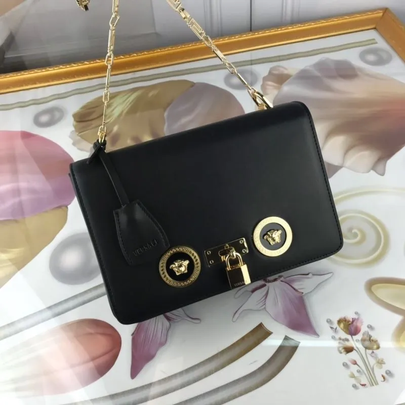 Versace Black Leather Satchel Bag with Gold Chain