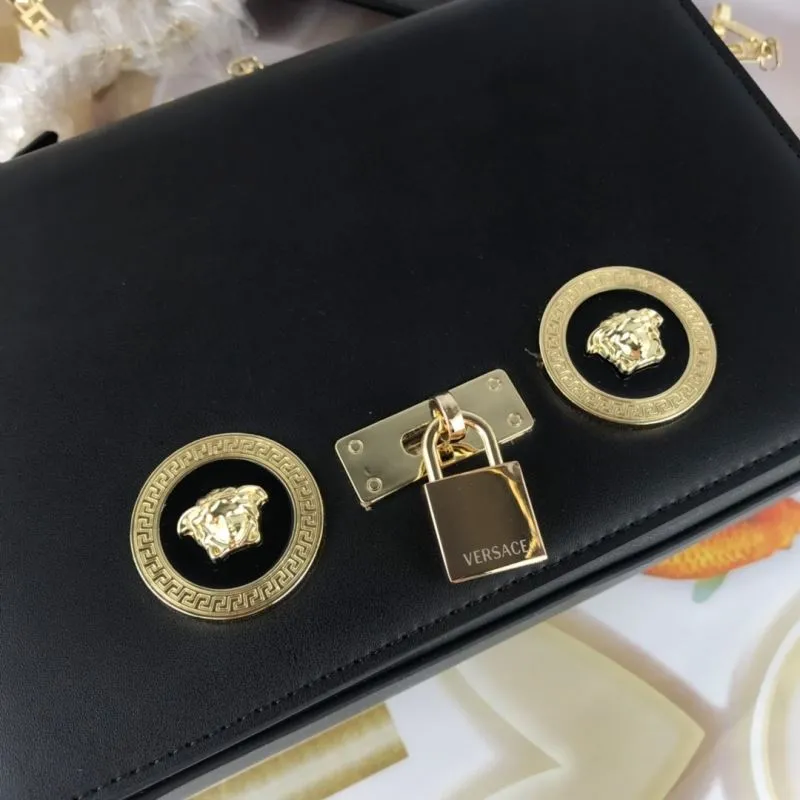 Versace Black Leather Satchel Bag with Gold Chain - Image 4