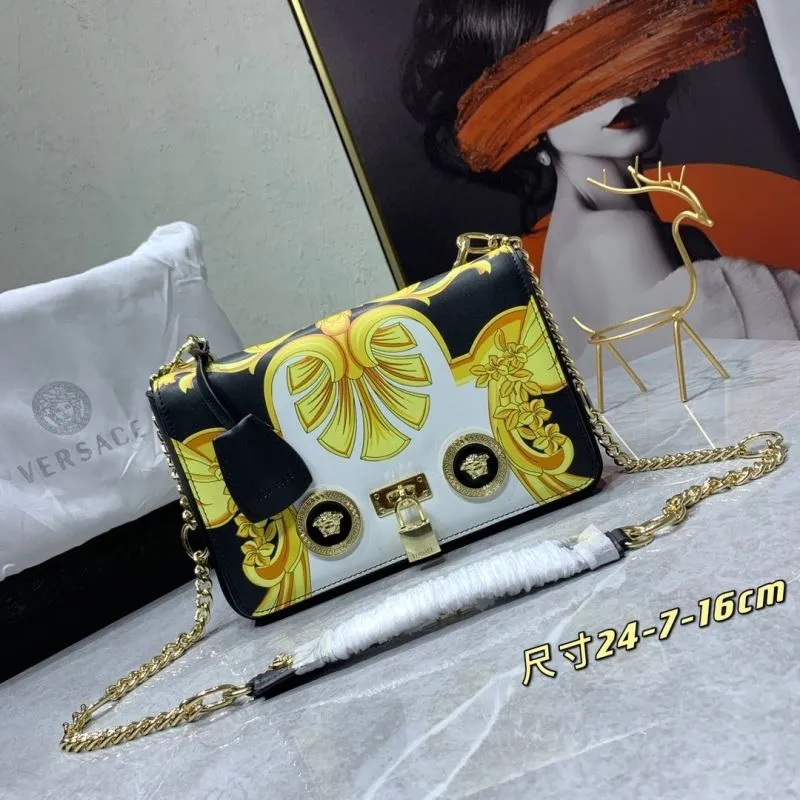 Versace Black Gold Baroque Chain Satchel Bag 24x7x16cm