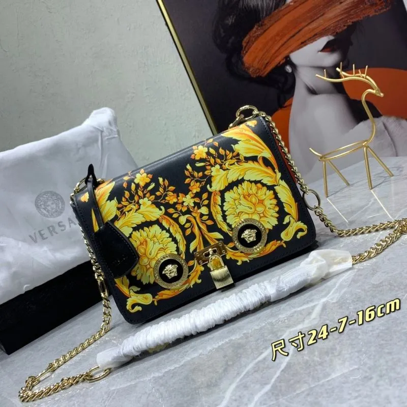 Versace Black Gold Floral Chain Satchel Bag 24-7-16cm