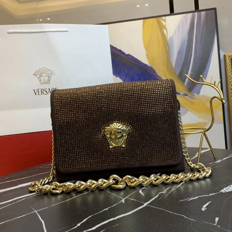 Versace Brown Crystal Satchel Bag with Gold Chain 74
