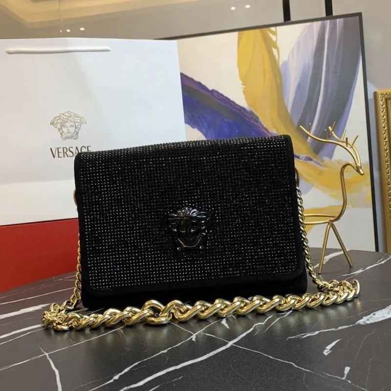 Versace Black Crystal Satchel Bag with Gold Chain Model 76
