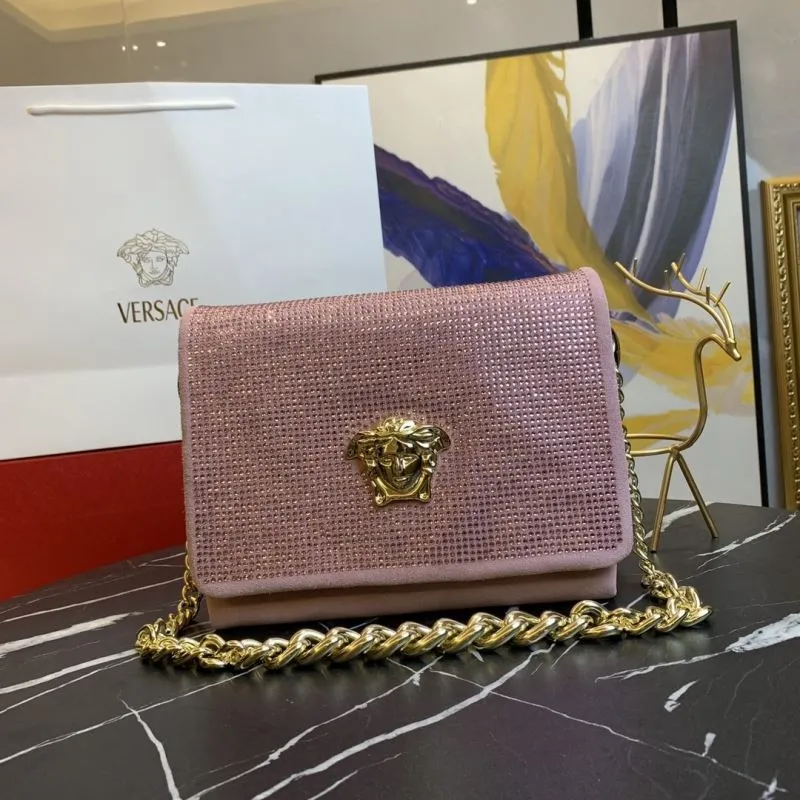 Versace Pink Crystal Embellished Chain Satchel Bag