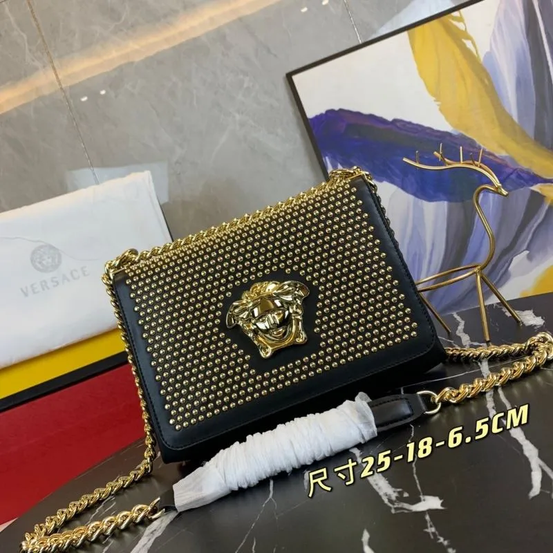 Versace Black Gold Studded Satchel Bag Model 80 Size 25-18-6.5 CM