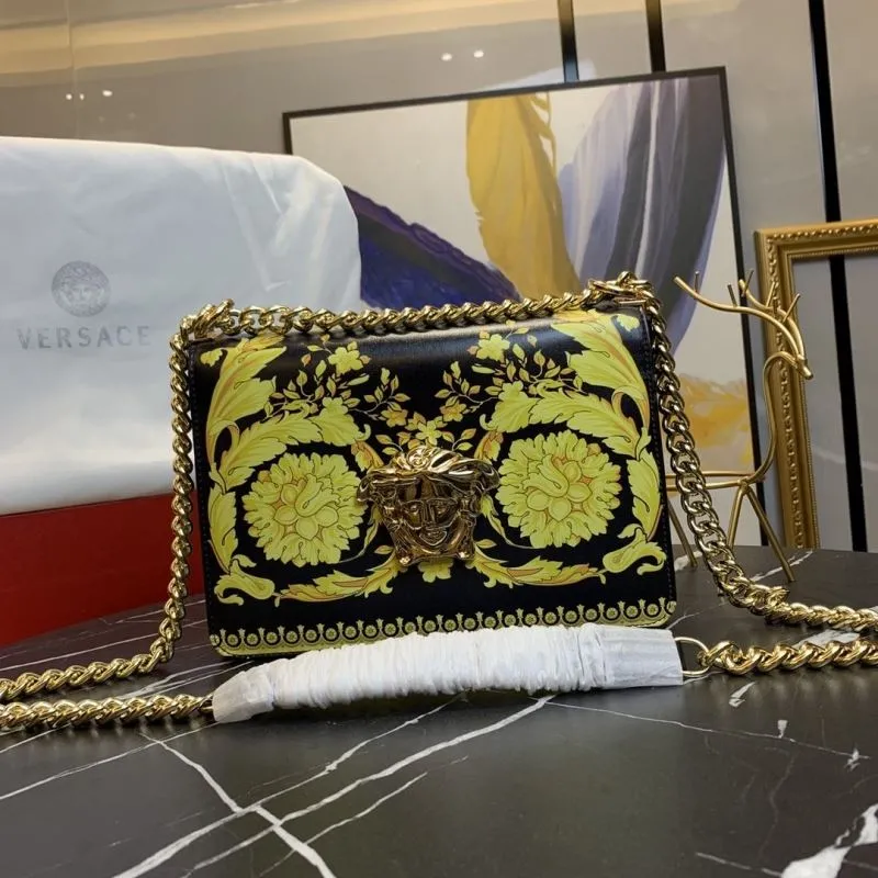 Versace Black Yellow Floral Chain Satchel Bag