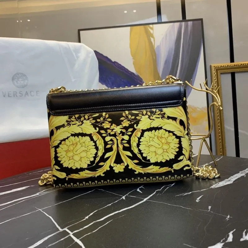 Versace Black Yellow Floral Chain Satchel Bag - Image 3