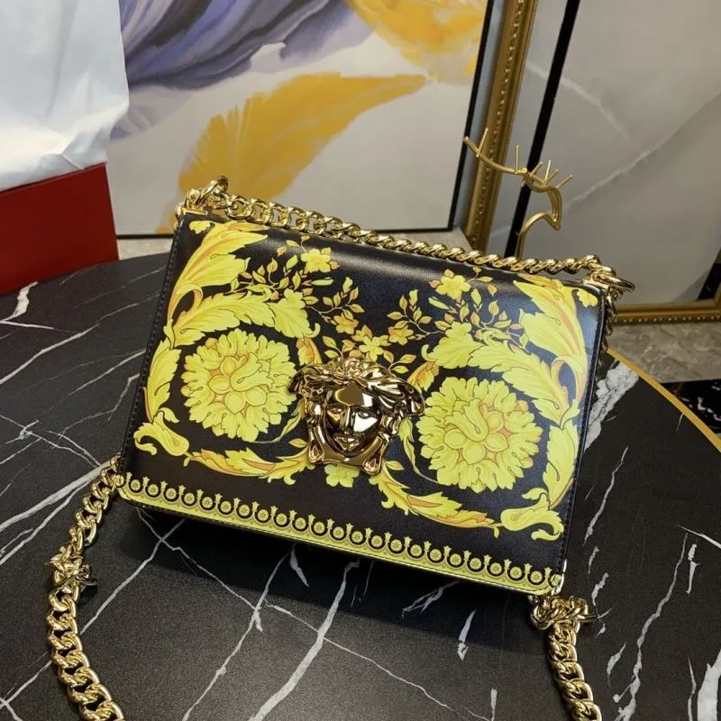 Versace Black Yellow Floral Chain Satchel Bag - Image 4