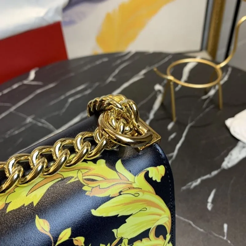 Versace Black Yellow Floral Chain Satchel Bag - Image 6