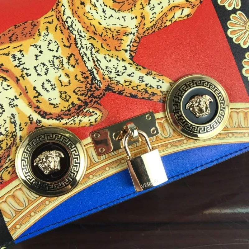 Versace Red Blue Leopard Print Chain Strap Satchel Bag 105 - Image 4