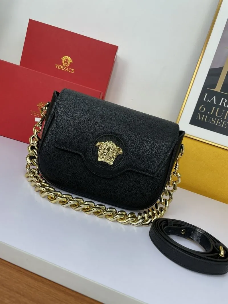 Versace Black Leather Satchel Bag with Gold Chain