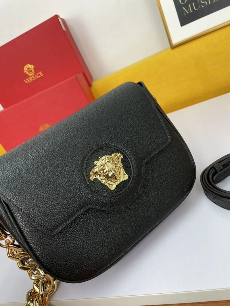 Versace Black Leather Satchel Bag with Gold Chain - Image 3