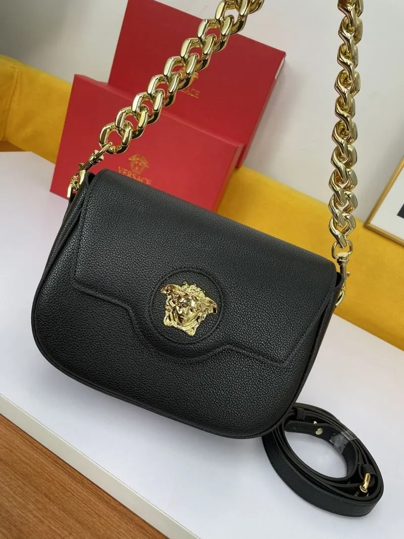 Versace Black Leather Satchel Bag with Gold Chain - Image 4