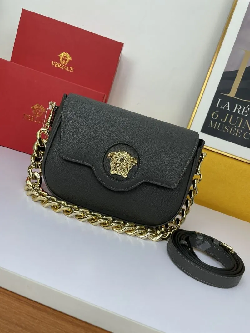 Versace Gray Leather Satchel Bag with Gold Chain