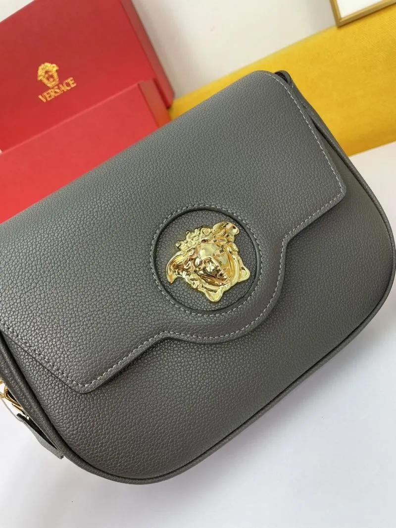 Versace Gray Leather Satchel Bag with Gold Chain - Image 3