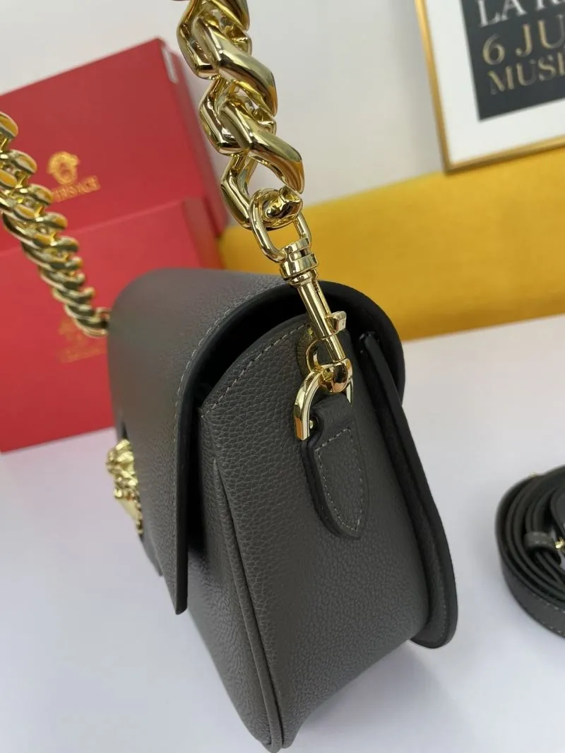 Versace Gray Leather Satchel Bag with Gold Chain - Image 4
