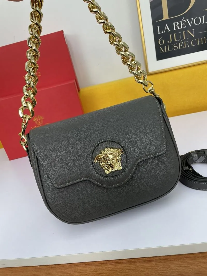 Versace Gray Leather Satchel Bag with Gold Chain - Image 5