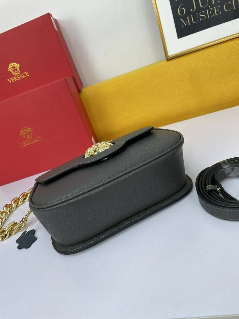 Versace Gray Leather Satchel Bag with Gold Chain - Image 6