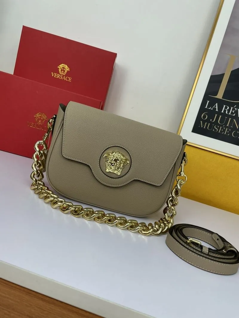 Versace Beige Leather Satchel Bag with Chain Strap