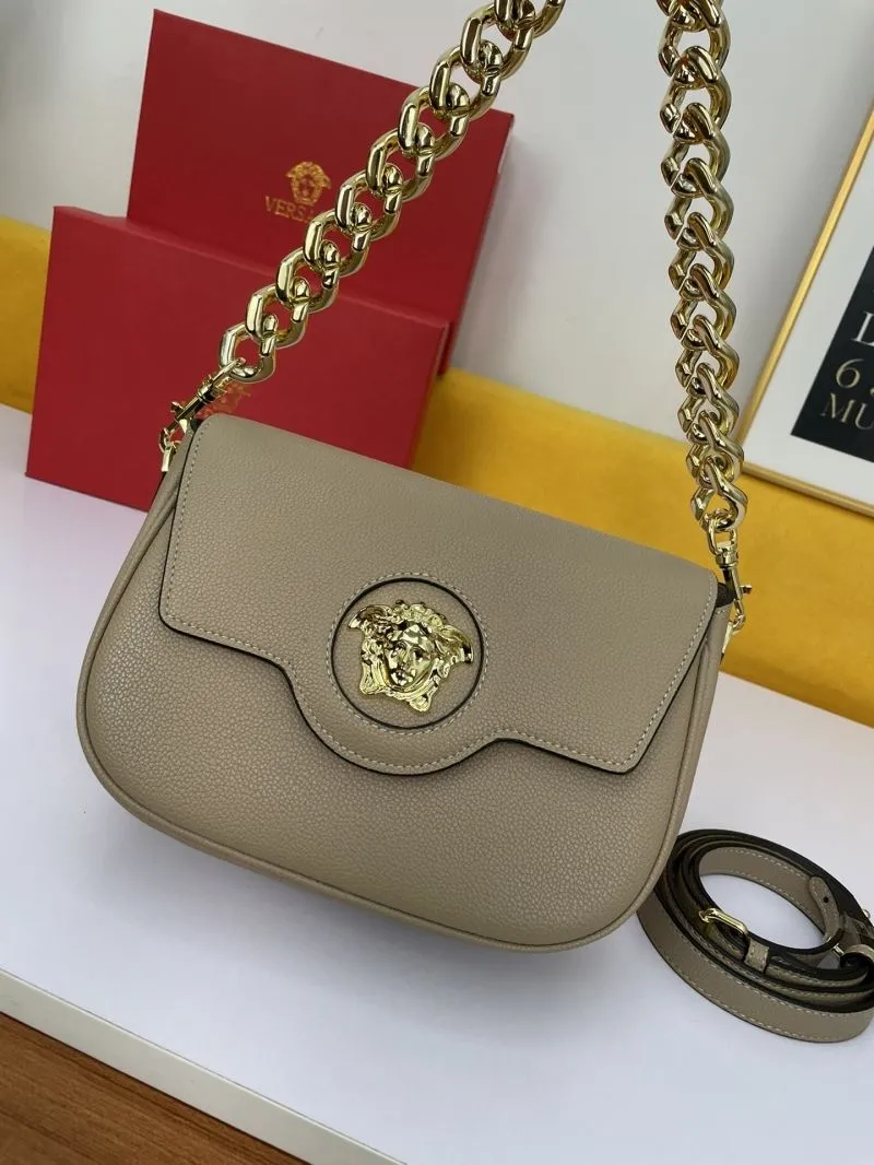 Versace Beige Leather Satchel Bag with Chain Strap - Image 5