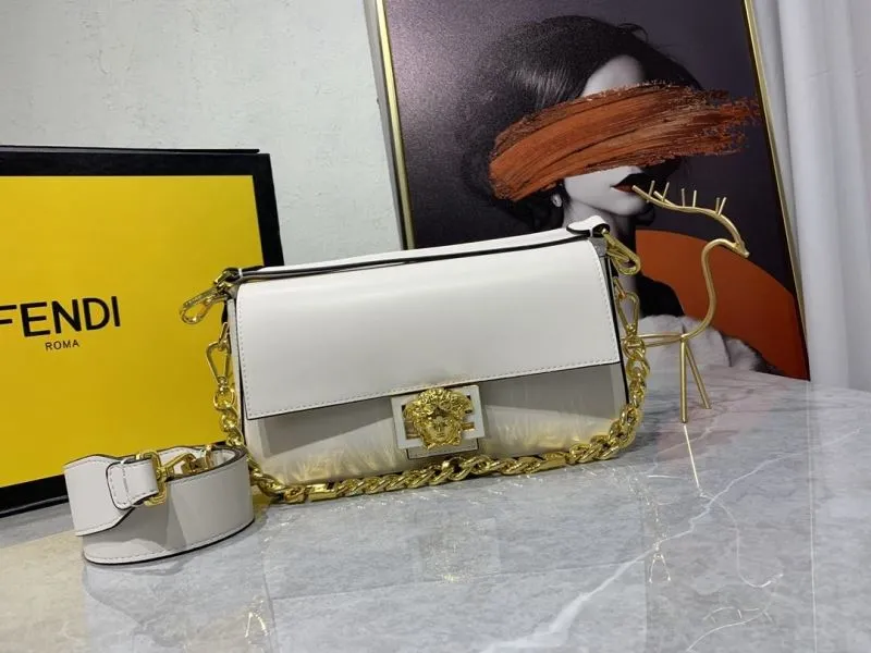 Versace White Leather Satchel Bag with Gold Chain