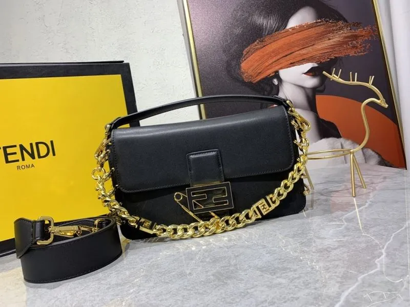 Fendi Black Leather Satchel Bag with Gold Chain