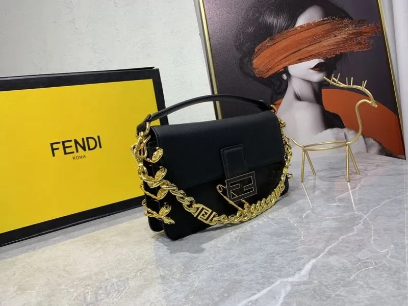 Alternative view of Fendi Black Leather Satchel Bag with Gold Chain