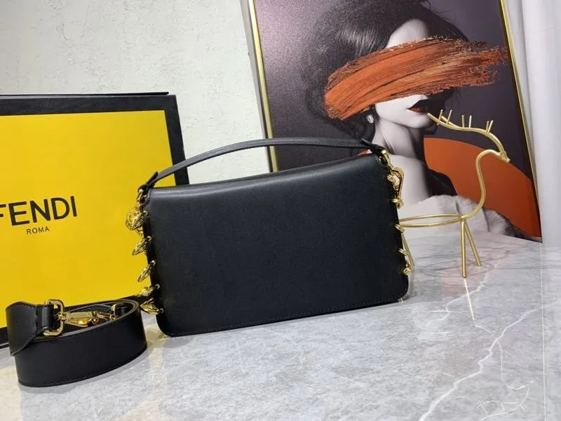 Fendi Black Leather Satchel Bag with Gold Chain - Image 3