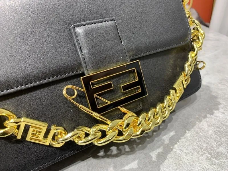 Fendi Black Leather Satchel Bag with Gold Chain - Image 4