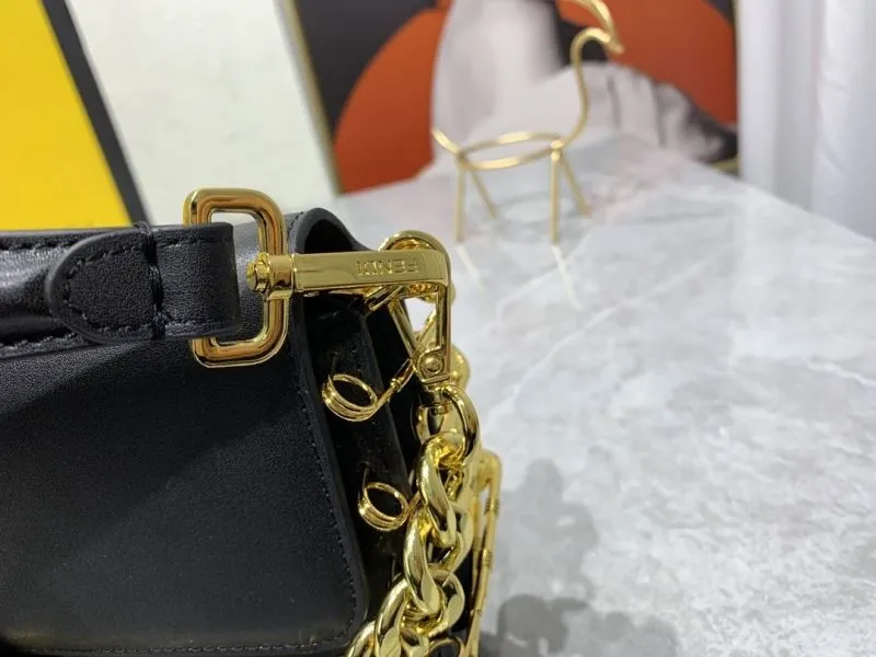 Fendi Black Leather Satchel Bag with Gold Chain - Image 5