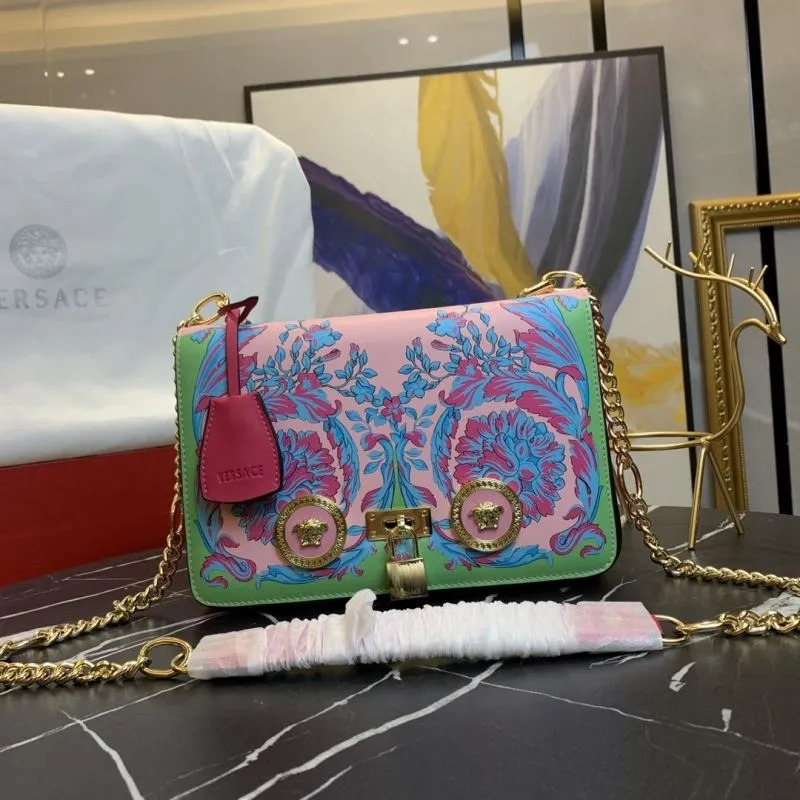 Versace Pink Green Floral Crossbody Satchel Bag