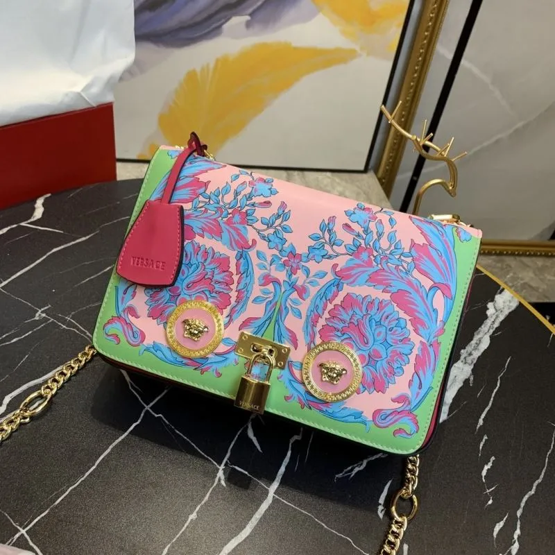 Versace Pink Green Floral Crossbody Satchel Bag - Image 4