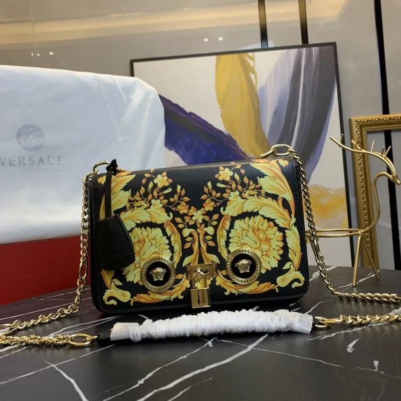 Versace Black Gold Floral Chain Satchel Bag 158
