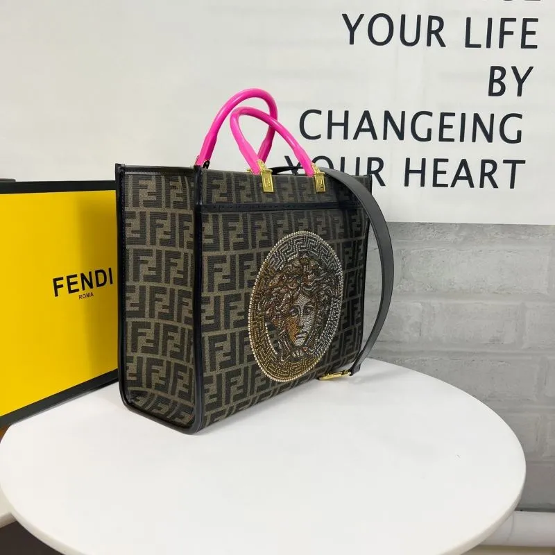 Fendi Brown FF Monogram Tote Bag with Pink Handles - Image 3