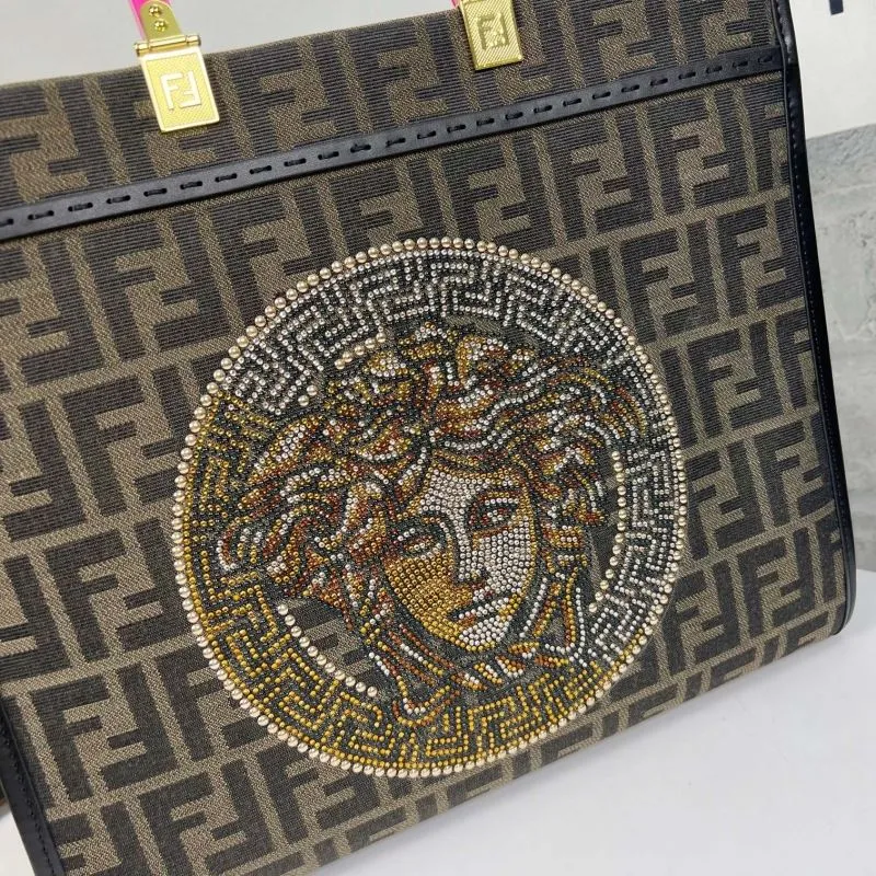 Fendi Brown FF Monogram Tote Bag with Pink Handles - Image 4