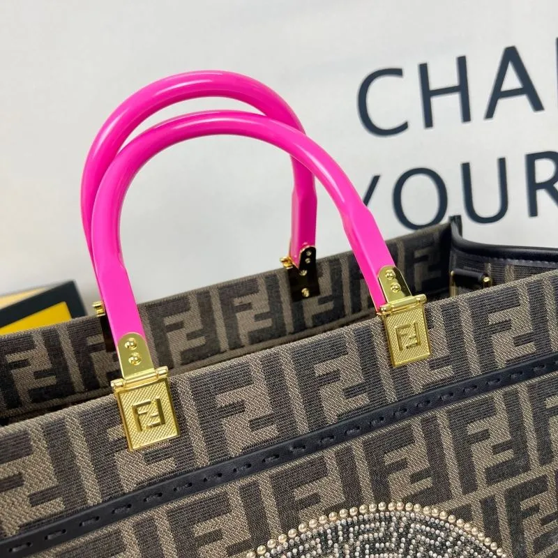 Fendi Brown FF Monogram Tote Bag with Pink Handles - Image 6