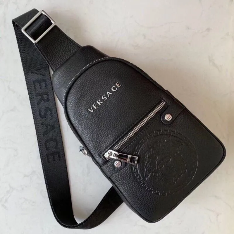 Versace Black Leather Chest Sling Bag - Image 4