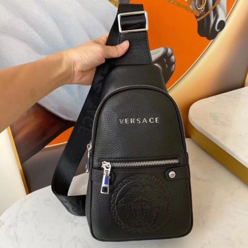 Versace Black Leather Chest Sling Bag - Image 6