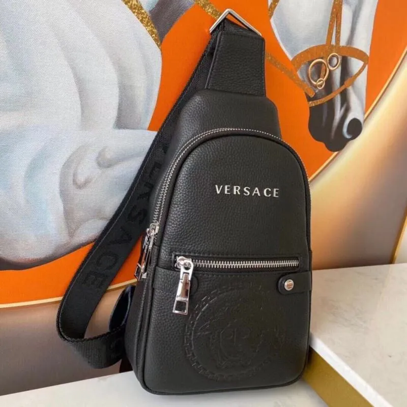 Versace Black Leather Chest Sling Bag - Image 8