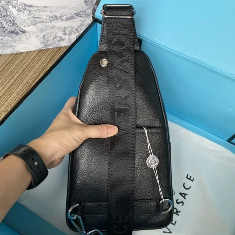 Versace Black Leather Chest Sling Bag - Image 7