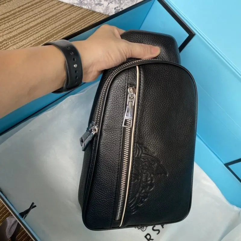 Versace Black Leather Chest Sling Bag - Image 8