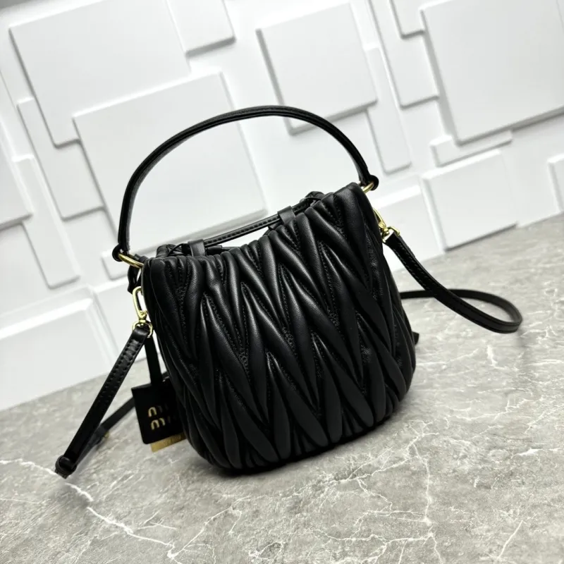 Miu Miu Black Pleated Leather Bucket Bag - Image 3