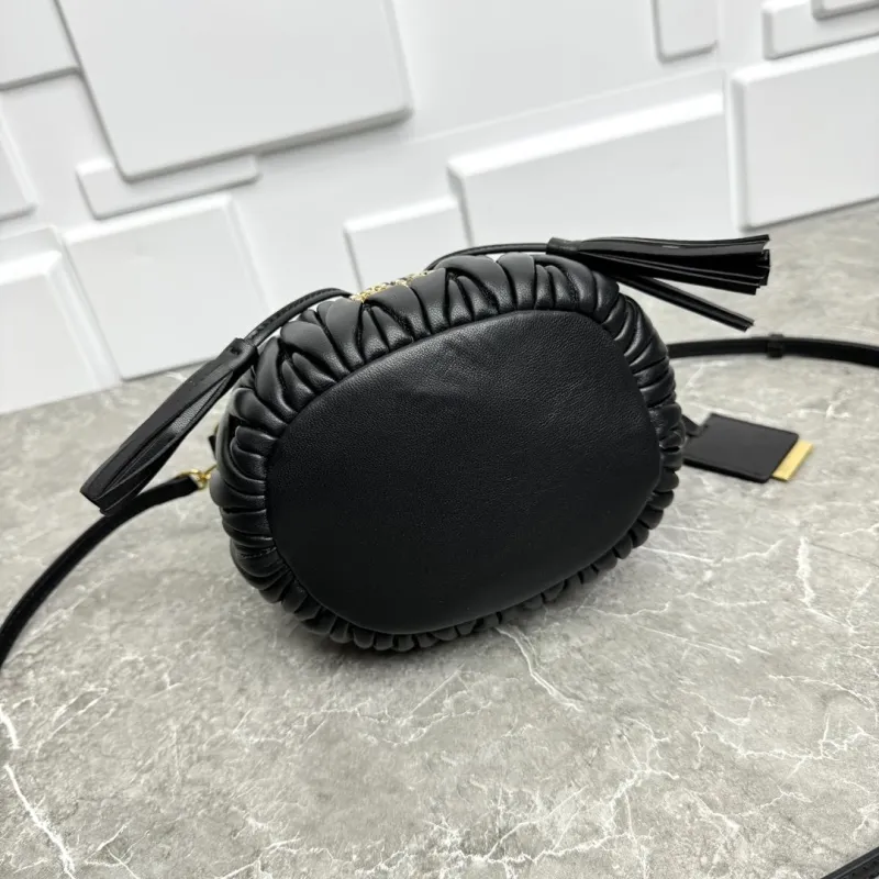 Miu Miu Black Pleated Leather Bucket Bag - Image 4