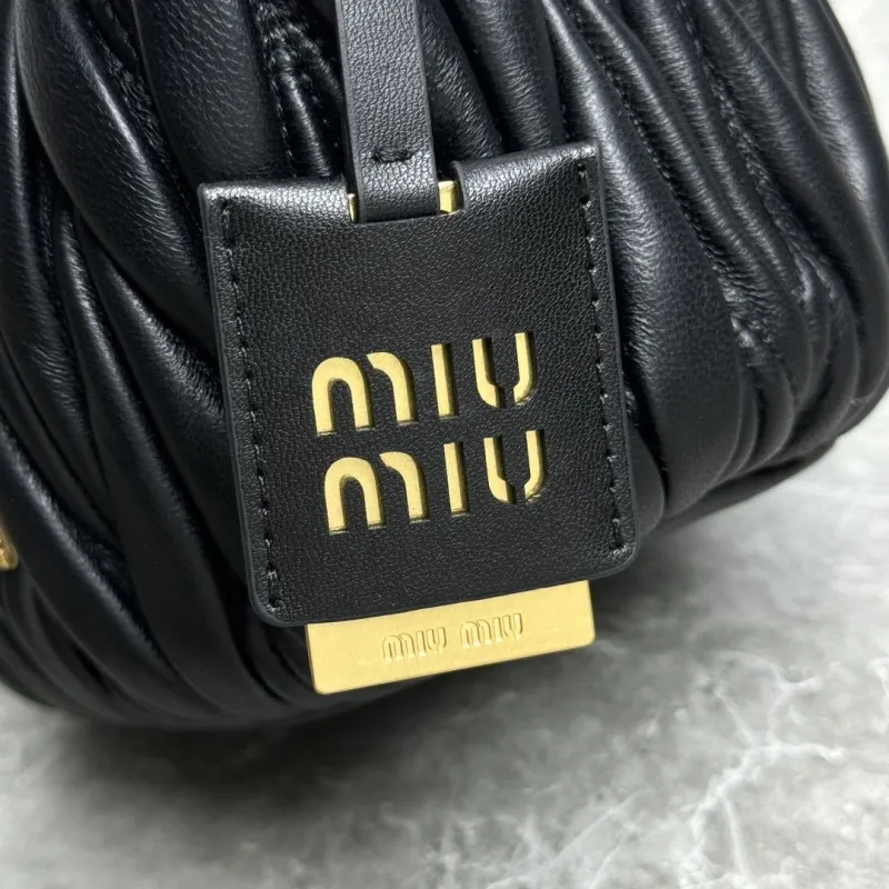 Miu Miu Black Pleated Leather Bucket Bag - Image 5